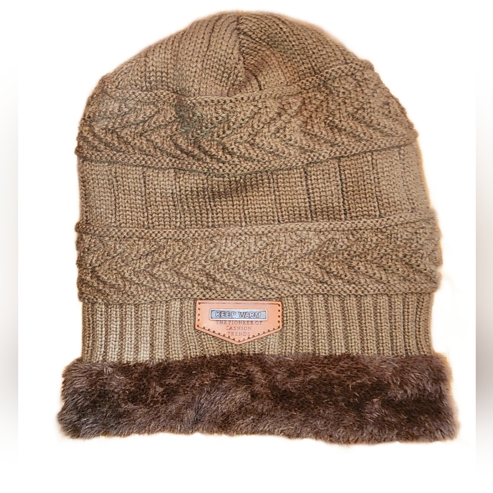 Tan/ Brown Womens Beanie Faux Fur inside Keep Warm
